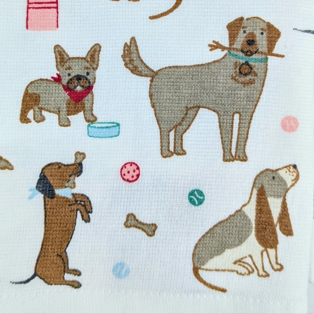 Kitchen Towels Set Of 3 Dogs Fire Hydrants Bones Sticks Balls White Brown NWT - Picture 10 of 12
